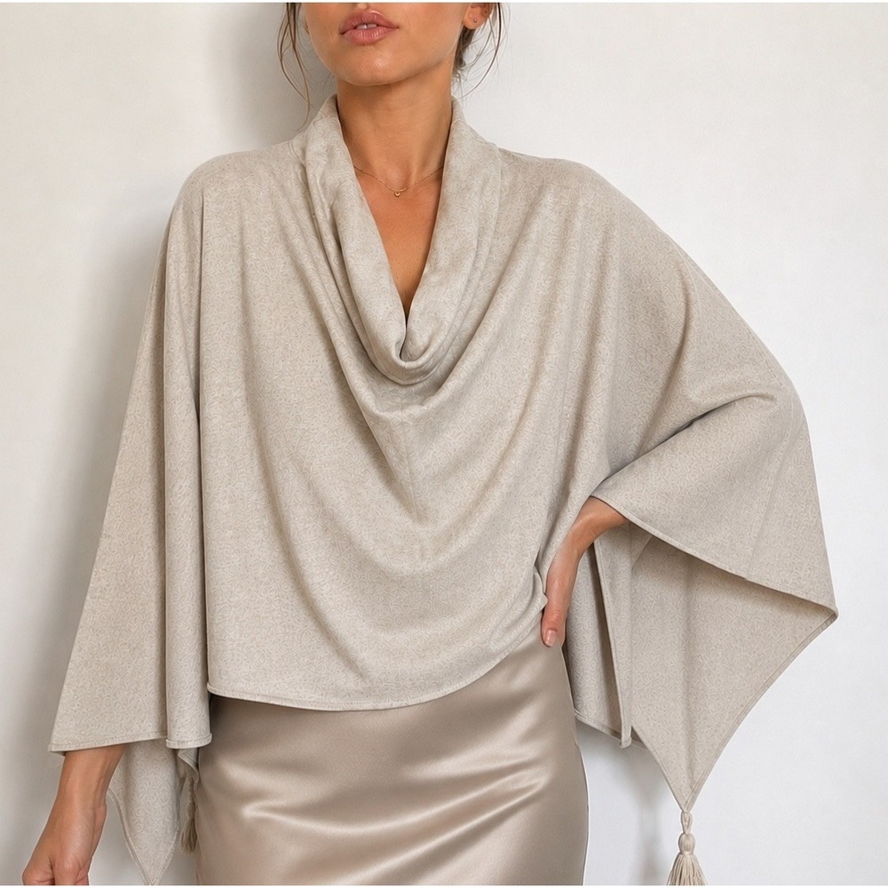 NWT Comma Viscose Cowl Neck‎ Tassel Poncho Cape Beige Boho One Size Quiet Luxury